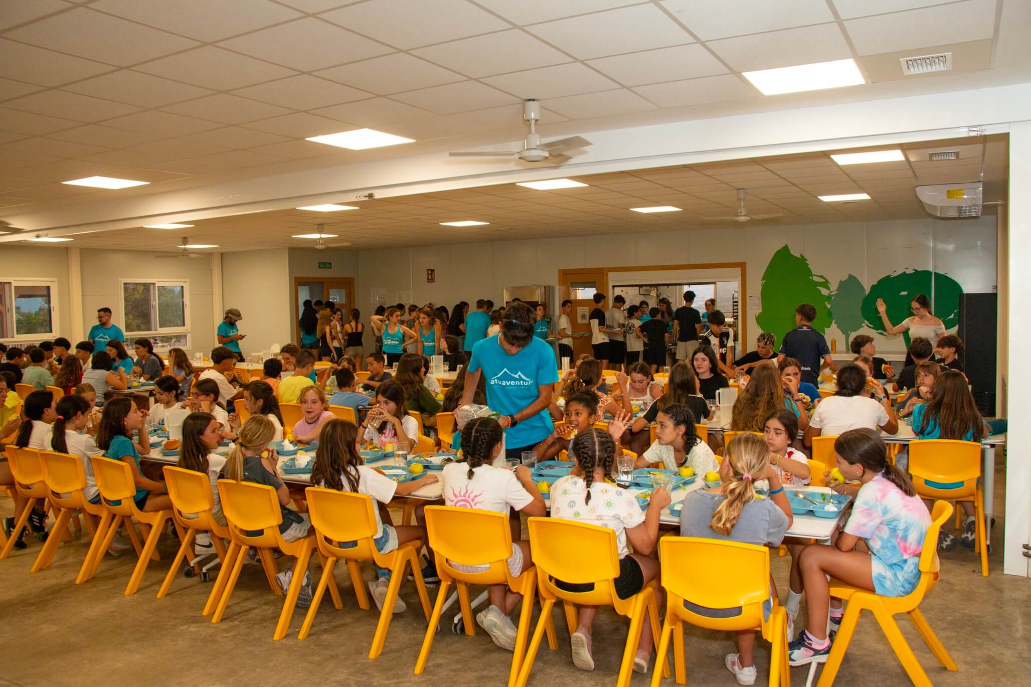 comedor lleno de niños sentados almorzando en campamento