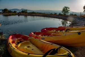 kayaks amarillos y rojos en la orilla de un lago
